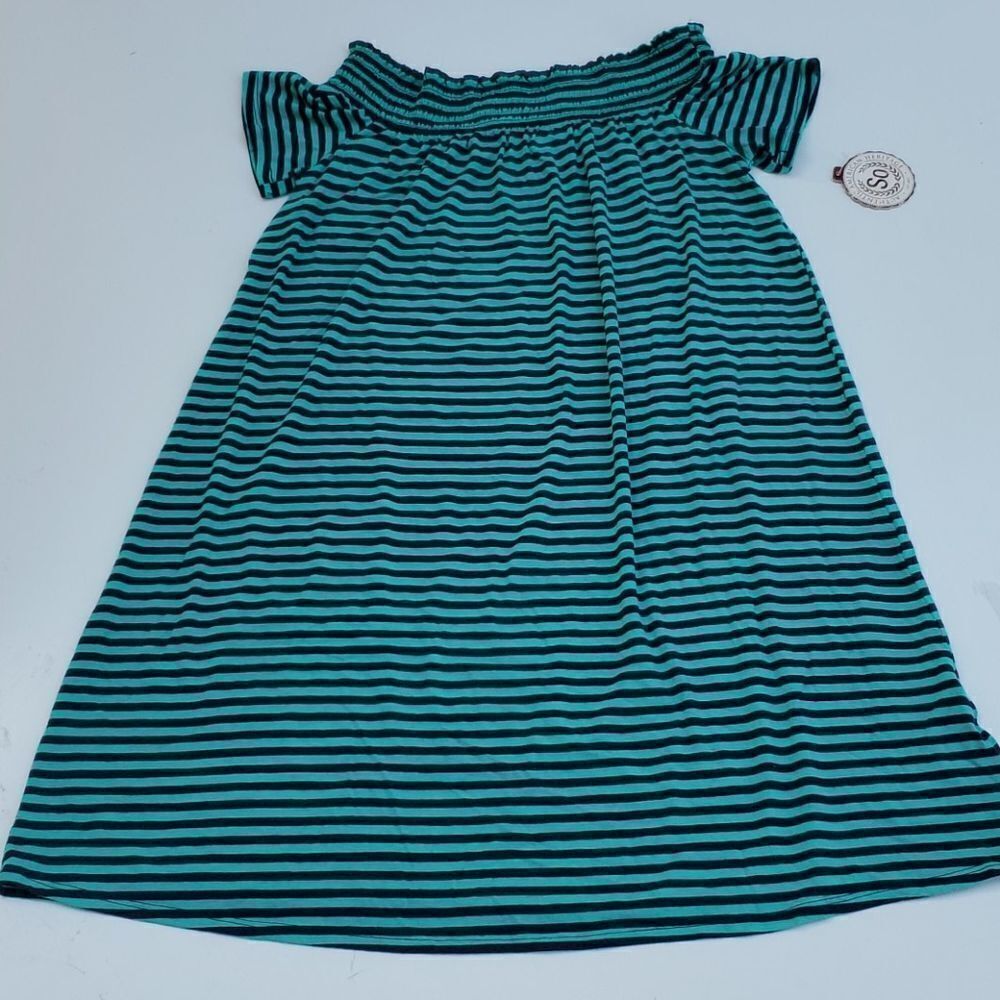 NEW NAUTICAL OFF SHOULDER NAVY BLUE GREEN STRIPED SWIM COVERUP DRESS s small NWT